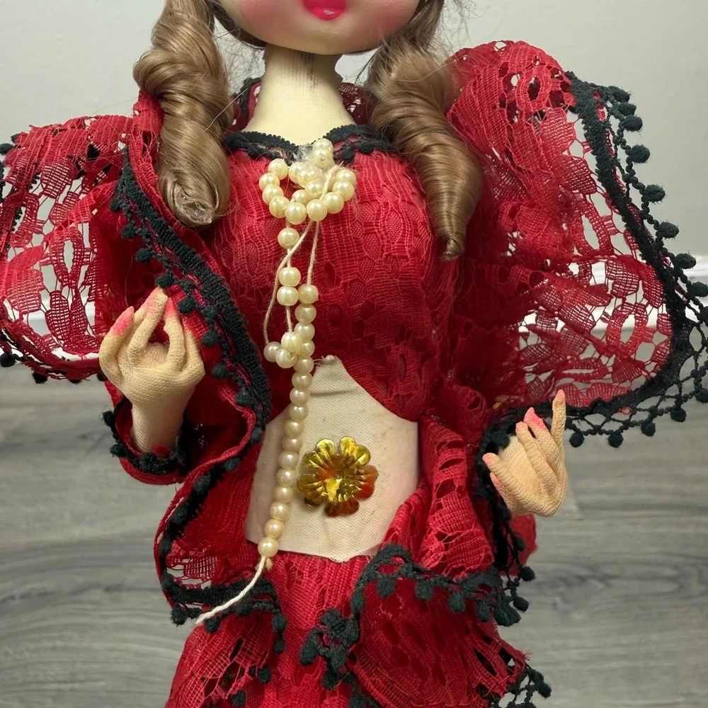 Vintage 1970s Korean Bradley Big Eye Boudoir Doll Red Lace Dress Musical